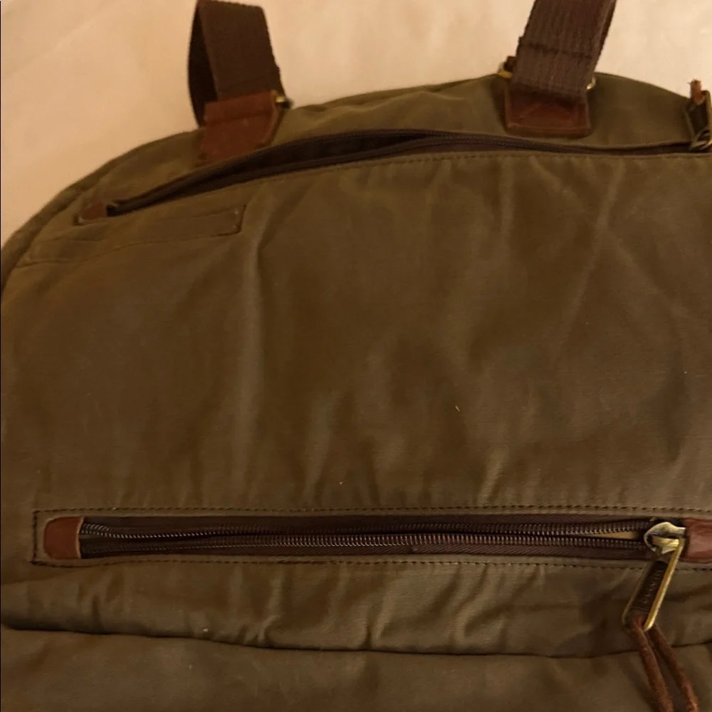 Duluth Trading Co Olive Canvas Laptop Bag with Brown Leather Trim